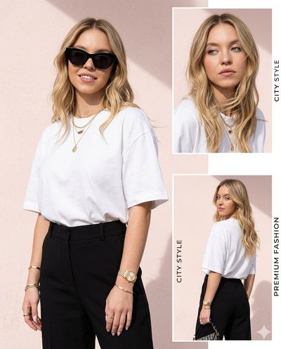 Curvy woman in white tee poses with trendy black sunglasses
