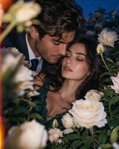 A couple shares an intimate moment hidden among cream roses