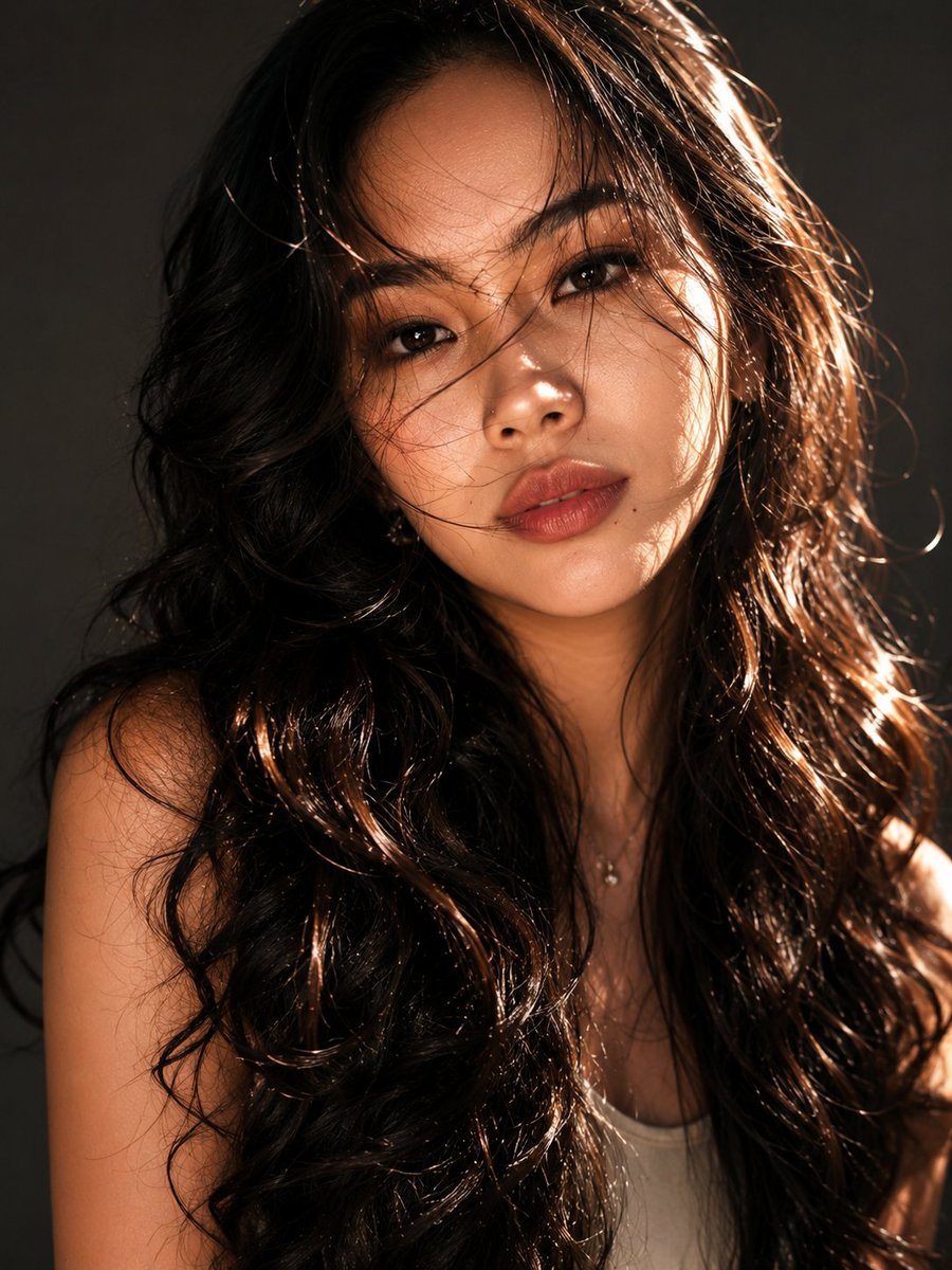 Glossy dark curls frame a woman's face in golden sunlight