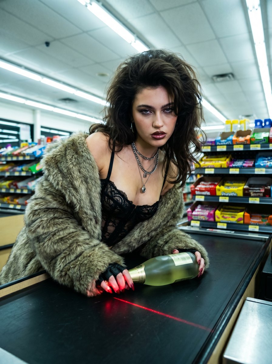 A woman in fur and lace stares defiantly under harsh fluorescent lights
