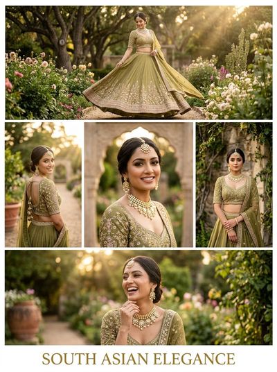 South Asian bride twirls in olive lehenga beneath golden garden light