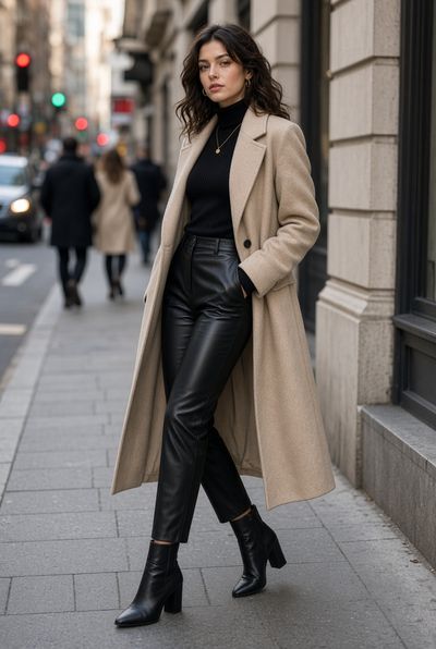 Stylish woman walks city sidewalk in beige wool overcoat