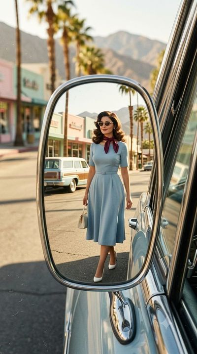 1960s fashion portrait reflected inside chrome car mirror with palm trees