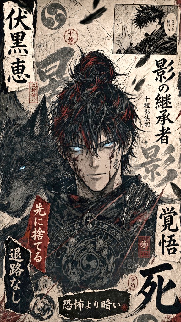 A battle-worn shonen warrior glares through torn paper layers