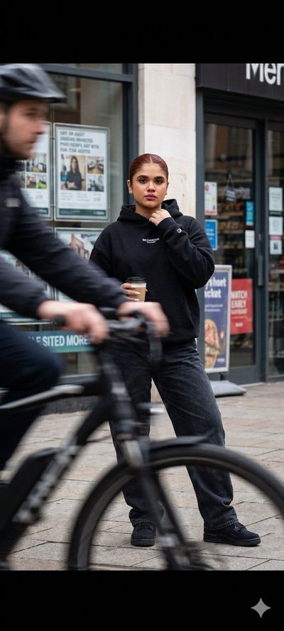 A calm model stands still while a cyclist blurs past