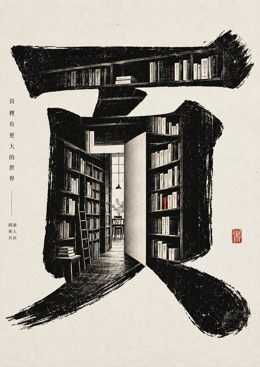 Bold black brushstroke character grows a tiny book inside its stroke