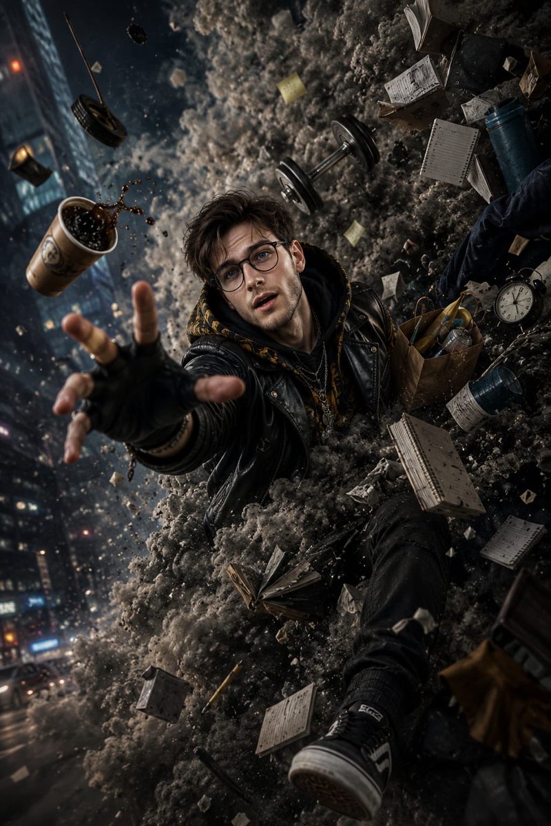 A stylish man is pulled into a vortex of debris on a neon street