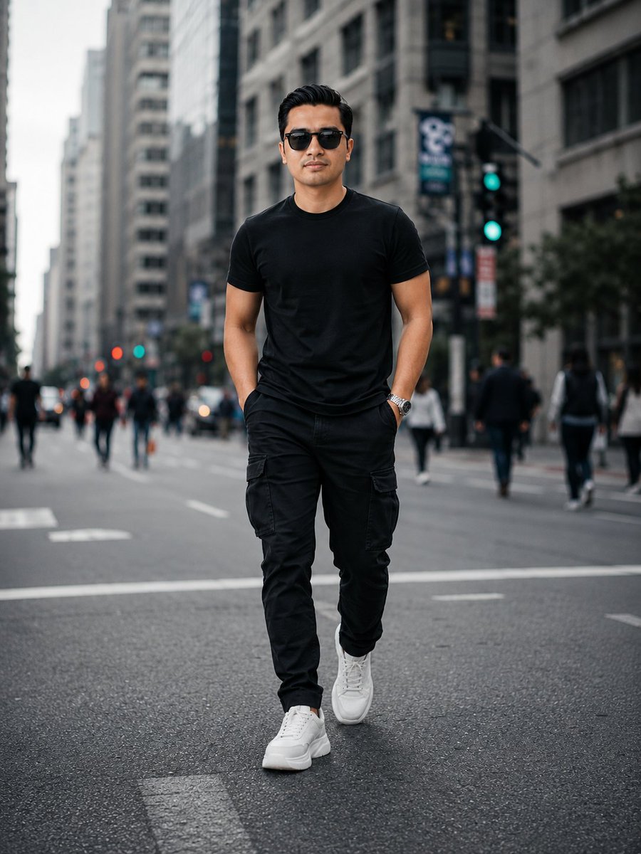 A young man in black walks confidently through a blurred downtown street.