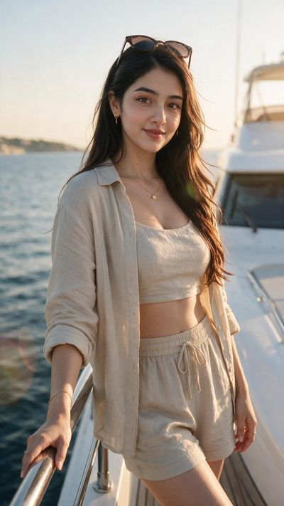 Golden hour glow on a luxury yacht as gentle wind lifts her hair