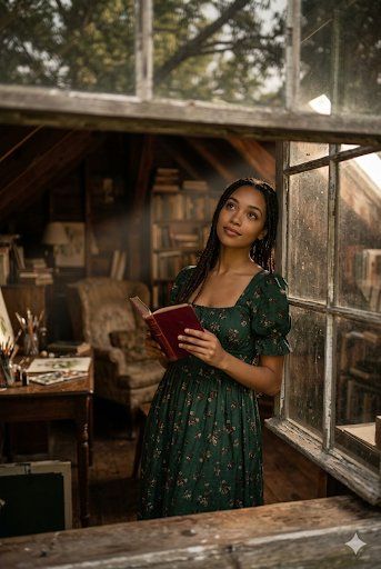 Young woman reads in sunlit attic with vintage decor
