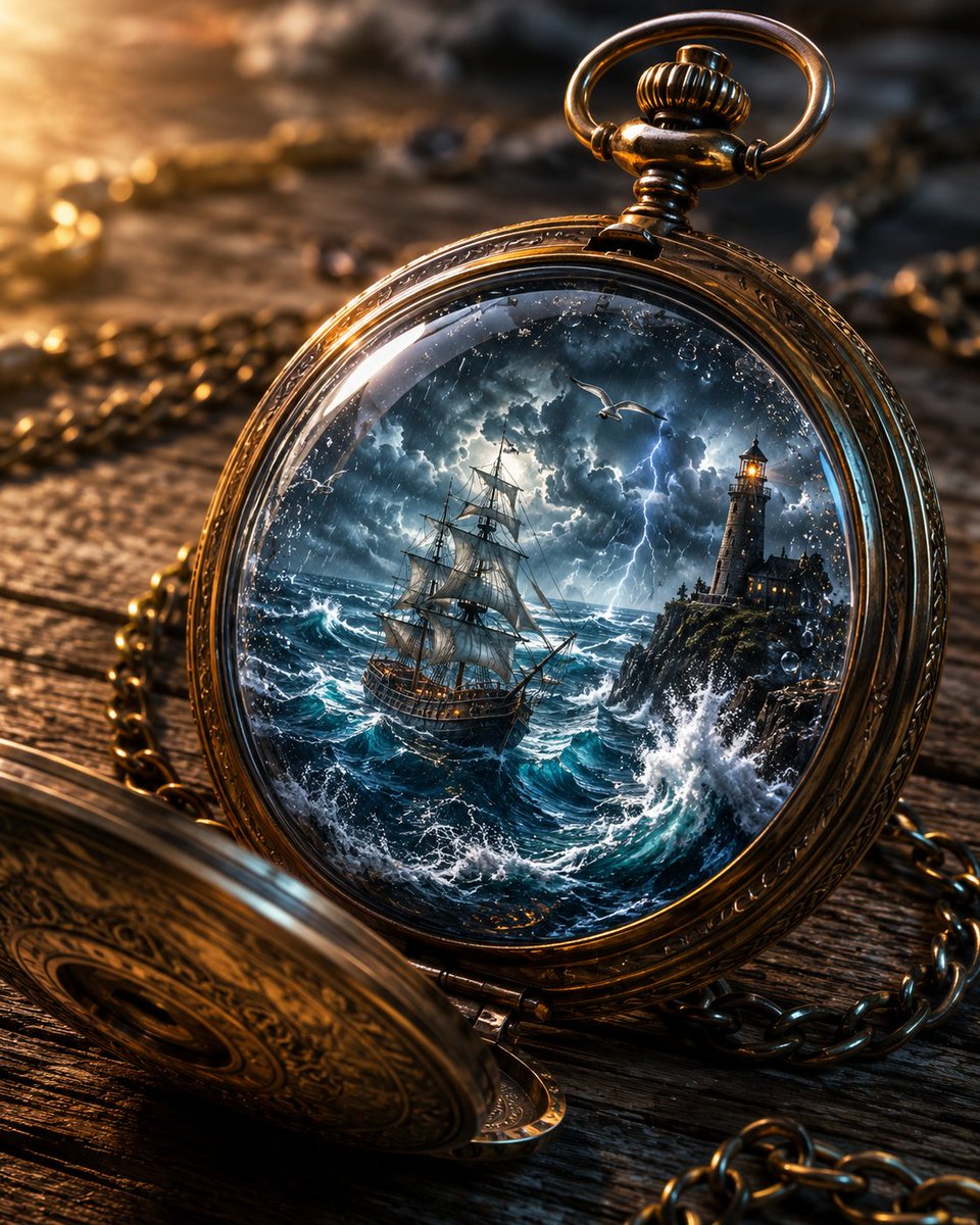 A storm rages inside an antique pocket watch on wood.