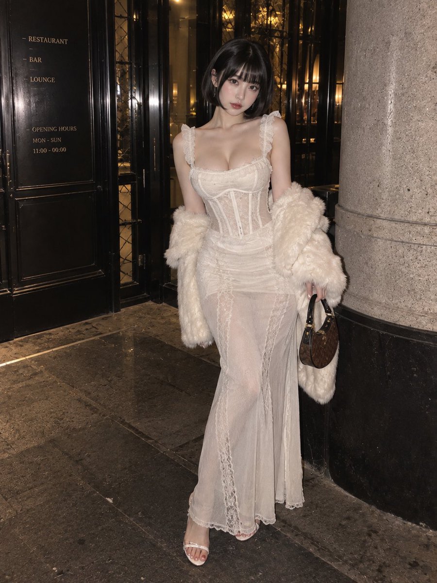Elegant woman in white corset gown stands at night hotel entrance