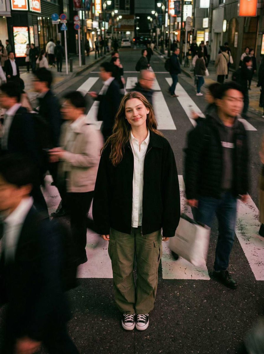Young person smiles calmly amid blurred crowd at night crossing
