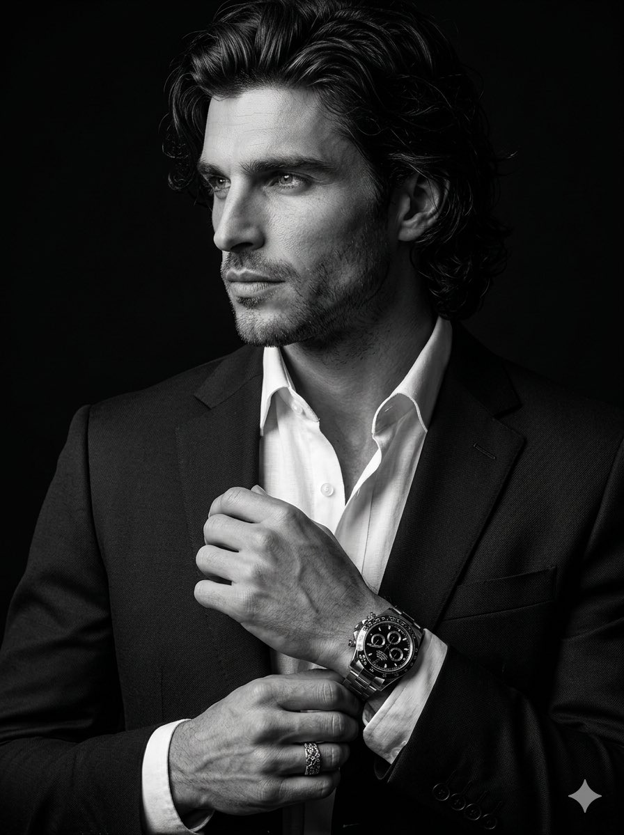 Professional man adjusts silver watch in dramatic black-and-white portrait