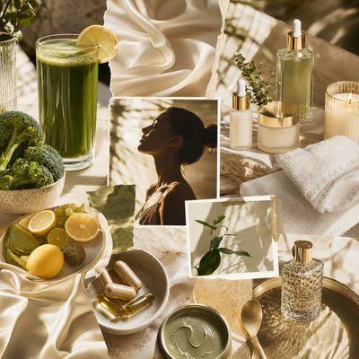 A serene woman glows beside green juice and gold skincare bottles