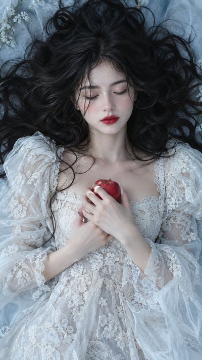 Woman lies on pale blue, holding red apple in winter fairytale