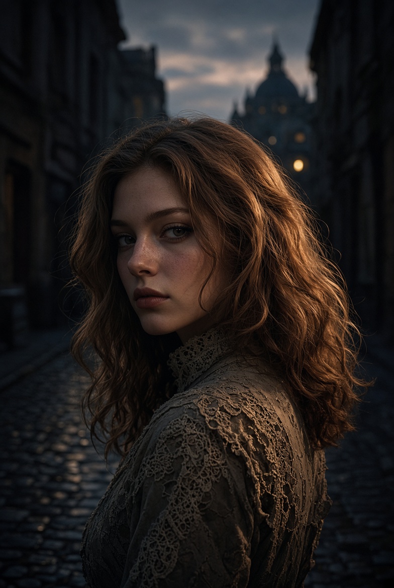 Mysterious Woman in Vintage Lace Gazing Down Cobblestone Street