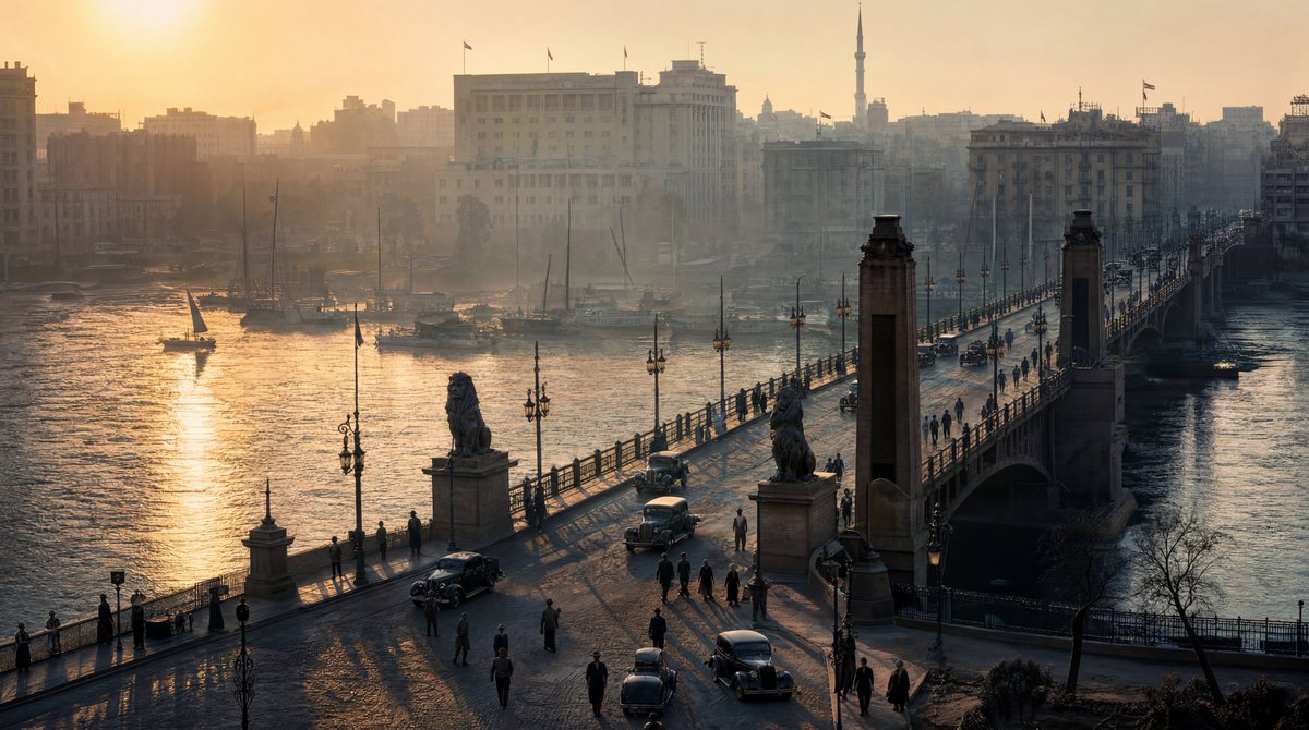 Golden morning mist embraces Cairo's Qasr El Nil Bridge in 1940