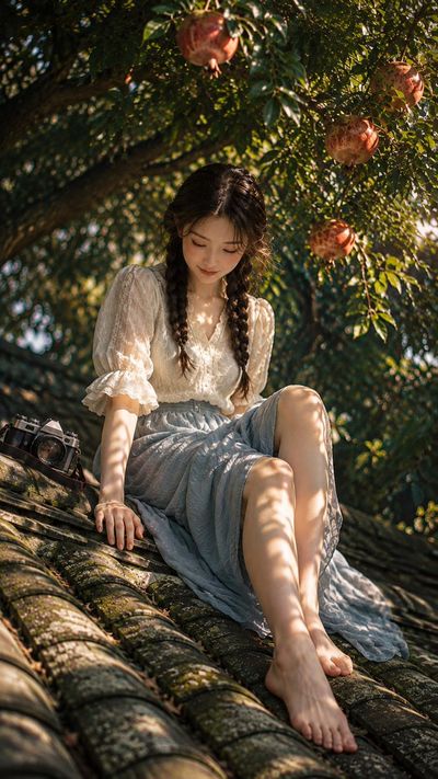 Young Woman Sits on Mossy Tiled Roof in Amber Sunlight