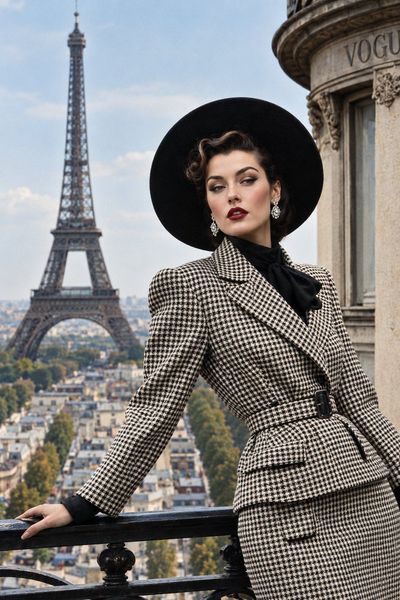 Timeless Parisian Elegance: Vintage Couture on a Balcony with Eiffel Tower