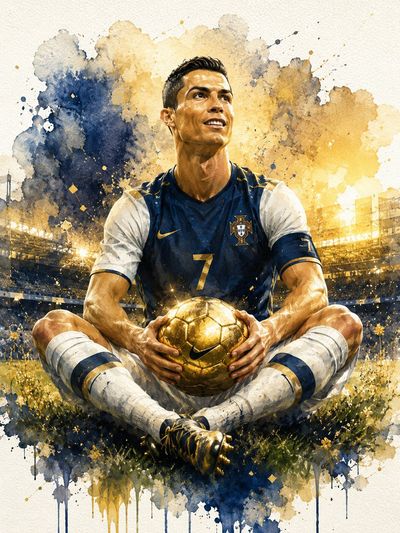 Cristiano Ronaldo sits on the field holding a golden football