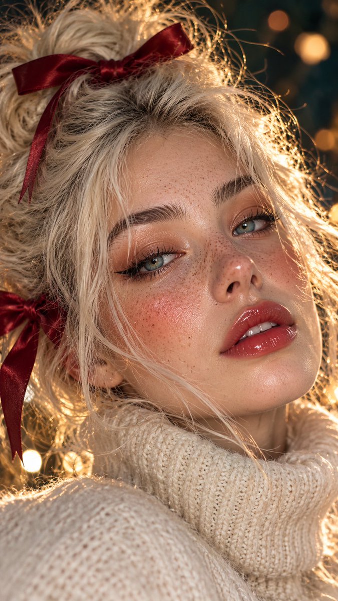 Freckled Beauty with Platinum Updo and Red Ribbon Bows