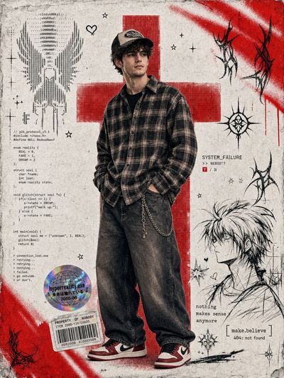 A young man in plaid shirt stands before a red halftone cross.