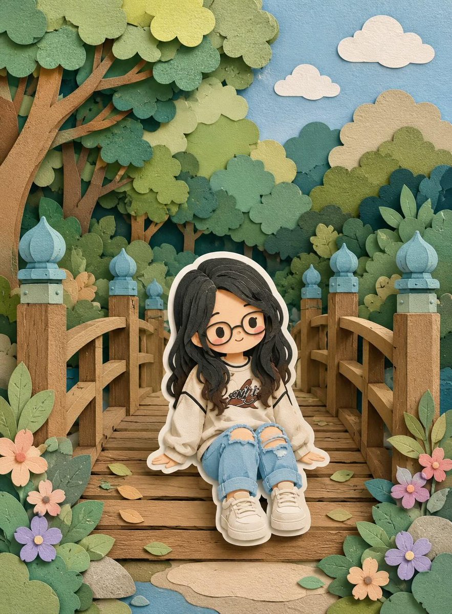 Chibi girl in layered papercraft scene explores whimsical festival wonderland
