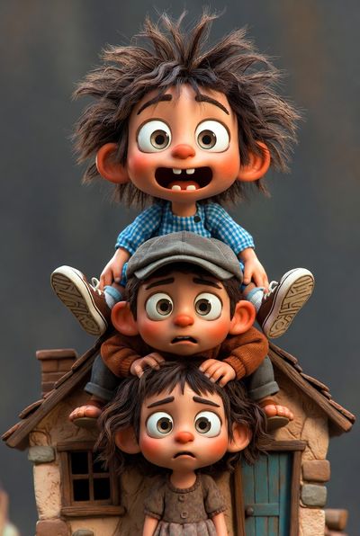 Whimsical 3D Sculpture of Playful Children on a Quirky House