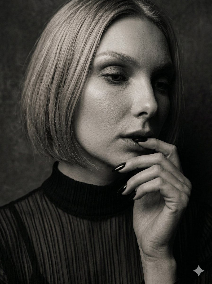 Blonde woman frames her face with glossy black stiletto nails