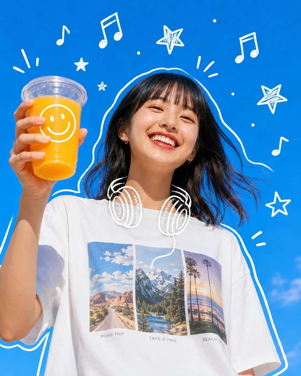 Cheerful Asian girl reaches for camera under bright blue sky
