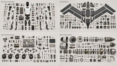 Tesla Optimus robot disassembled into sixty precise components flat-lay