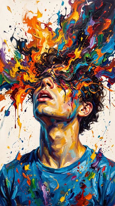A young man's head erupts in vibrant abstract oil paint swirls.