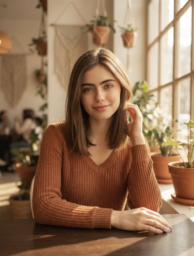 A young woman in a rust-orange sweater smiles in a sunny cafe.