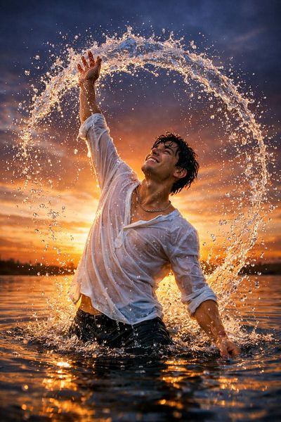 Sunset Splash: Cinematic Portrait of Youth in Motion