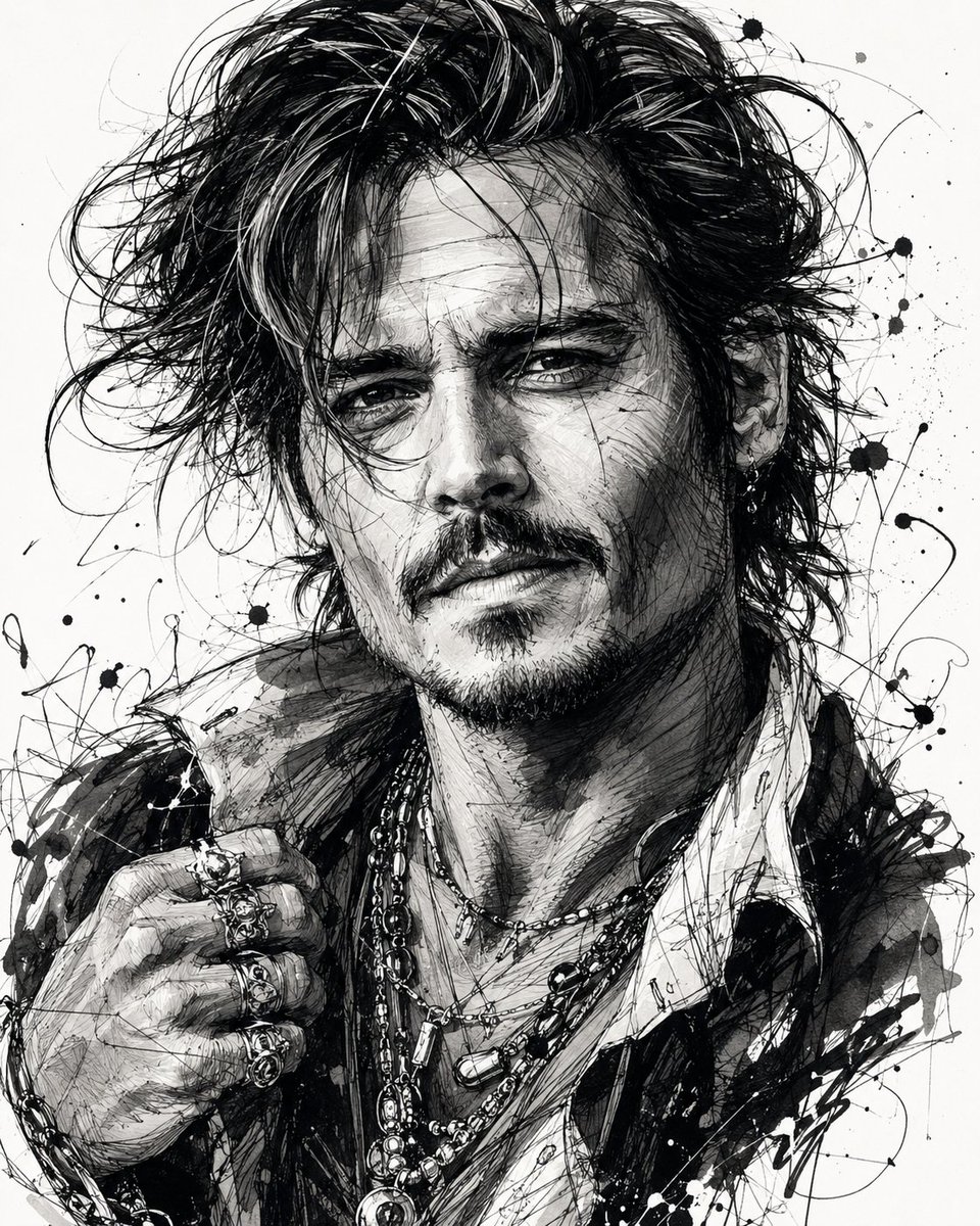 Rough ink strokes capture Tom Cruise and Johnny Depp in caricature