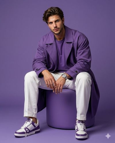A seated model in purple trench coat gazes confidently at camera