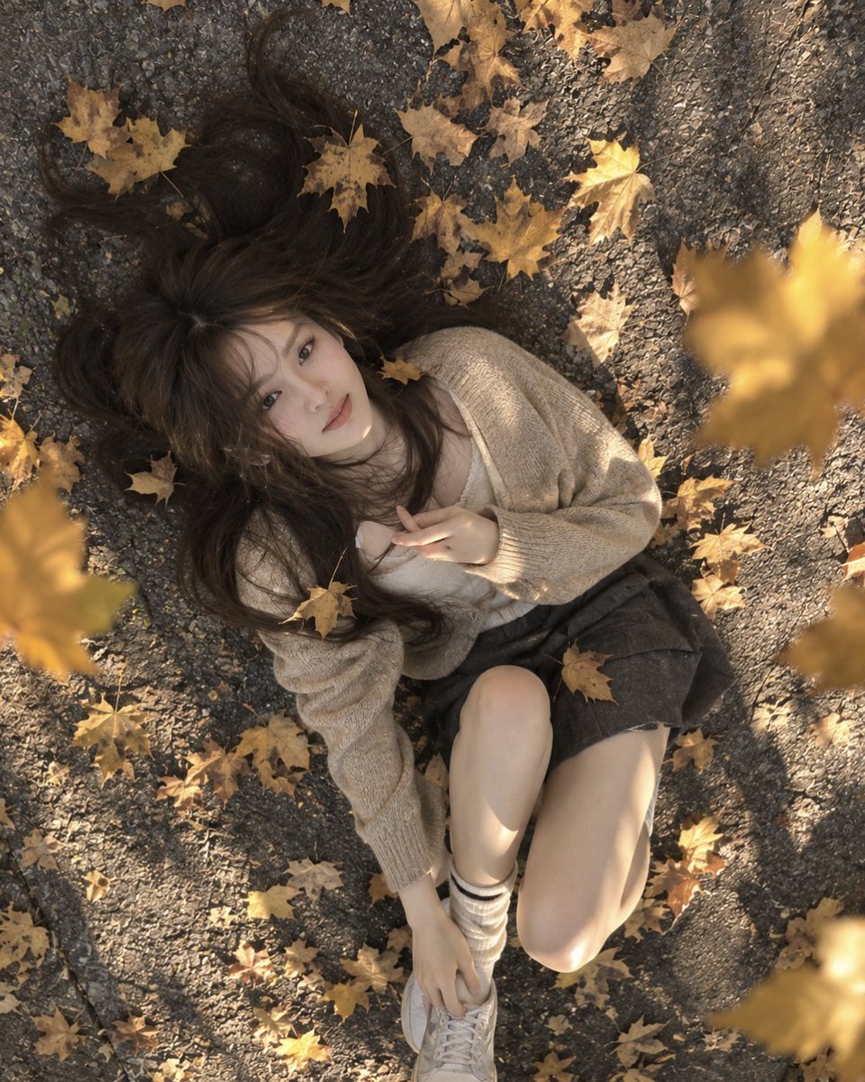 Golden Hour Dreamer Resting on Autumn Leaves, Overhead View