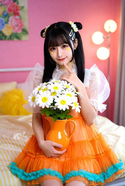 Young woman in orange dress holds daisies in bright pink bedroom