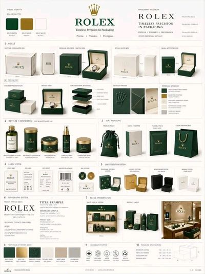 Rolex packaging guidelines feature green and gold luxury infographic