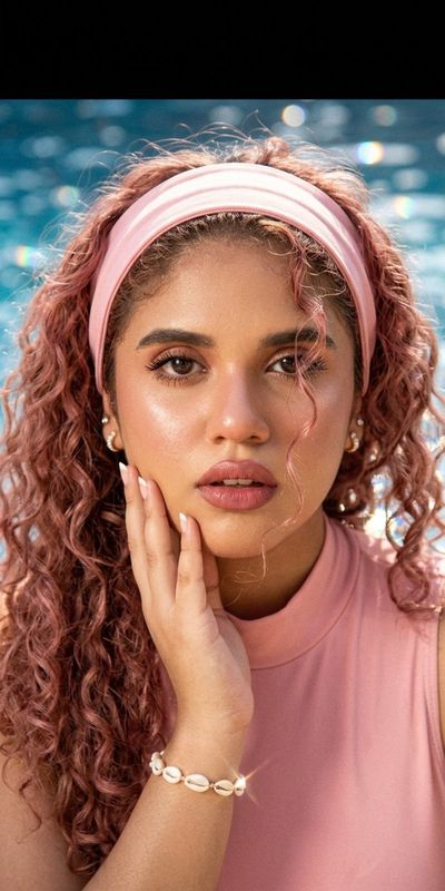 Woman with curly hair and pink headband poses by shimmering blue pool