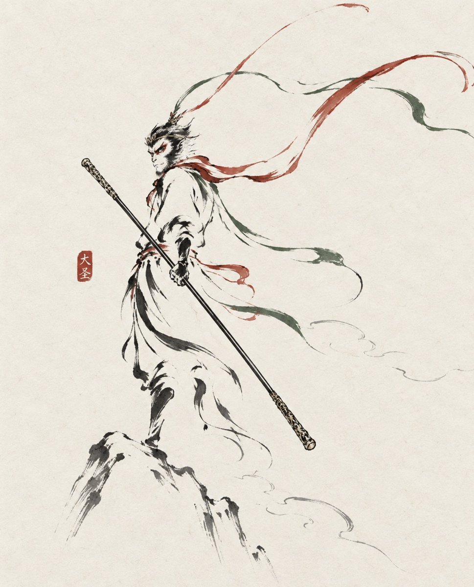 Ink lines trace a portrait with minimal Eastern brushwork