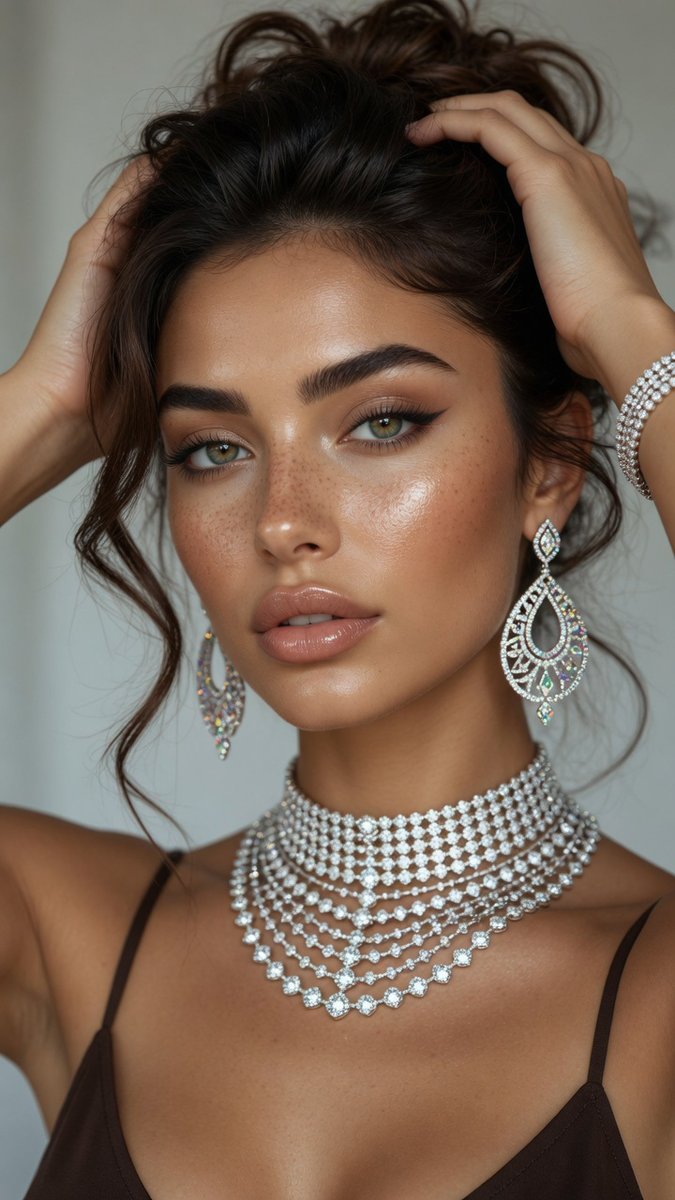 A radiant woman with hazel eyes touches her diamond choker