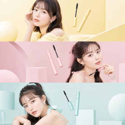 Three pastel-clad women pose in a Japanese beauty editorial