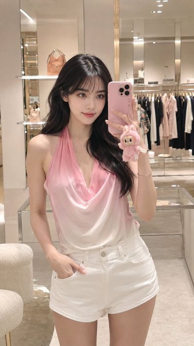 Young woman in pink halter top takes mirror selfie at luxury boutique