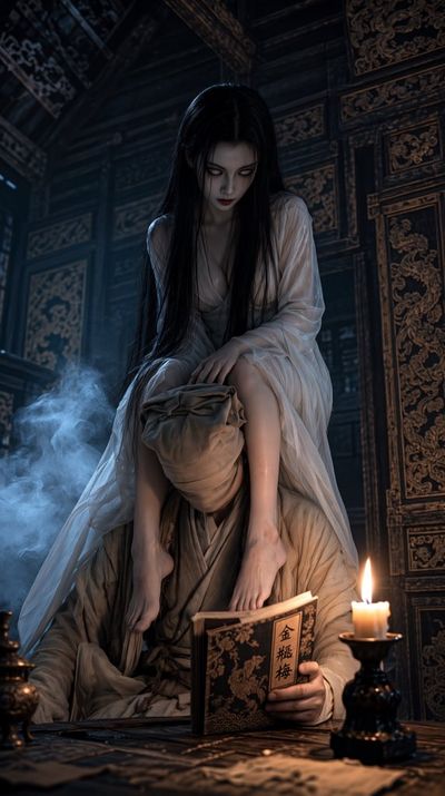 Pale Chinese Ghost Perches on Scholar's Shoulders in Dark Temple