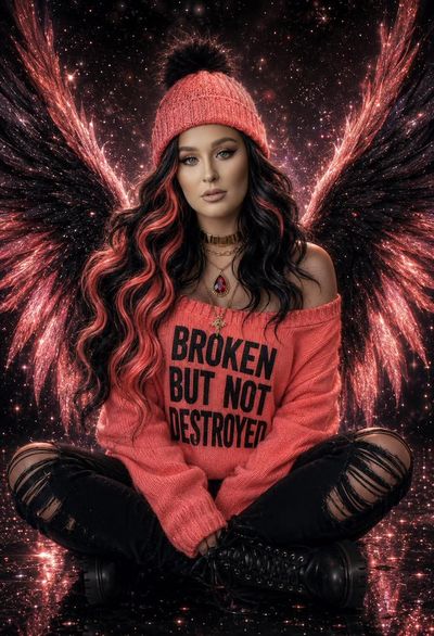Curvy angel with coral wings sits among cosmic stardust