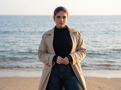 Warm skin contrasts with cold sea in this windswept selfie