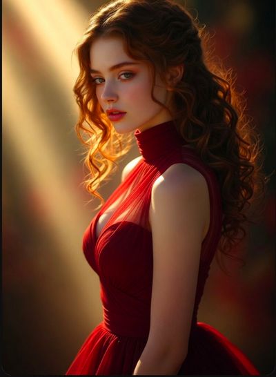 A woman in a crimson gown glows under golden hour light