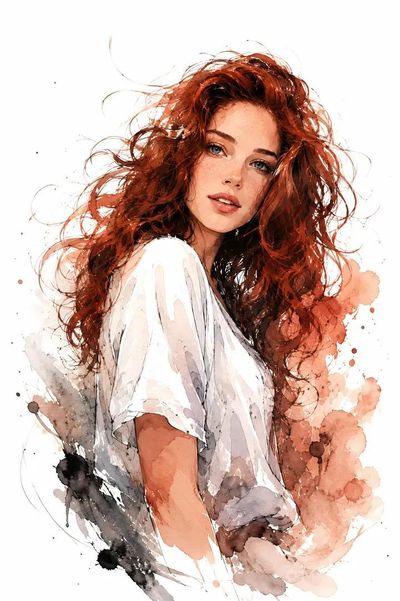 Red-haired woman in white shirt looks back with gentle expression